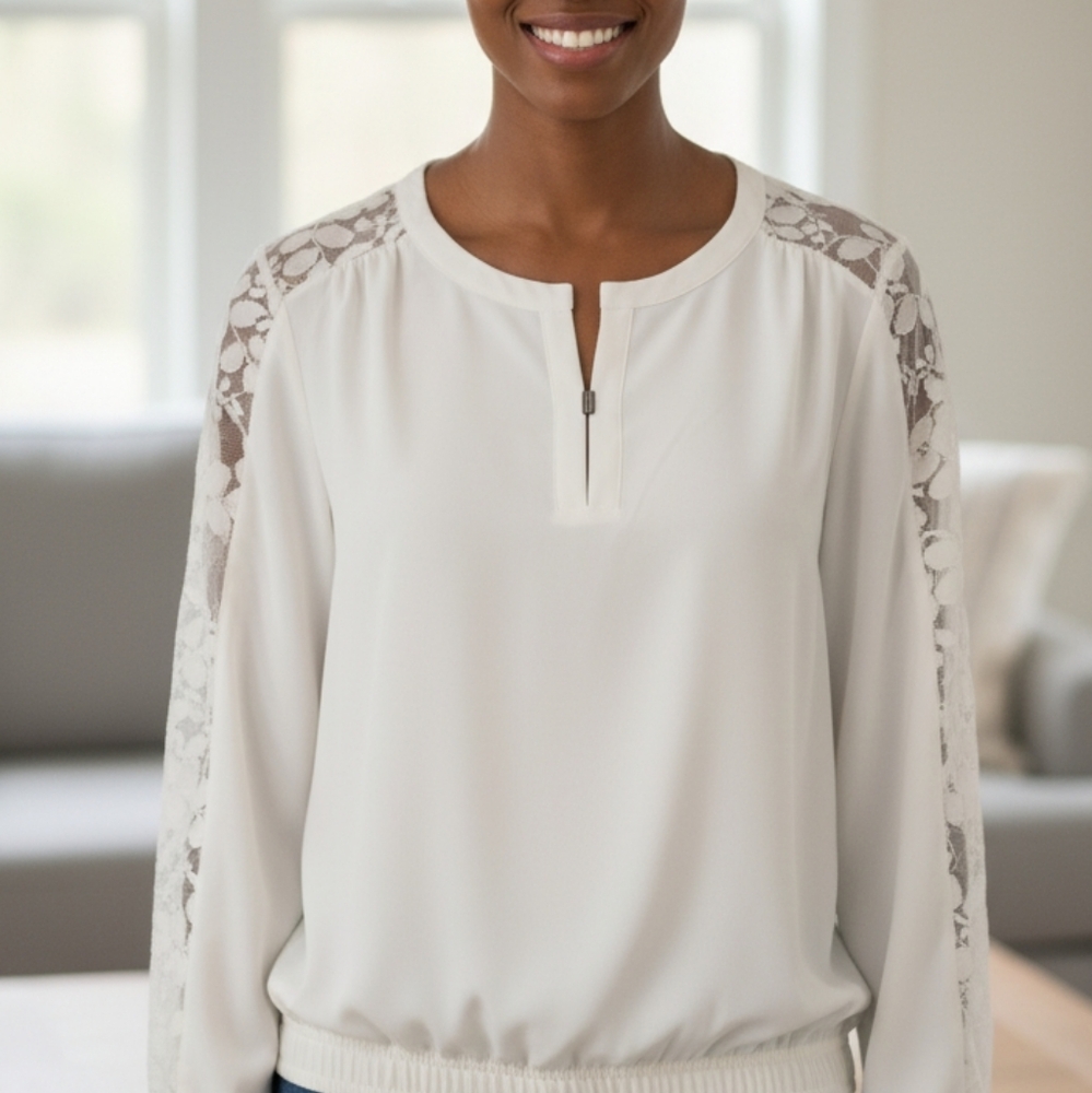 Elegant White Blouse with Lace Sleeves